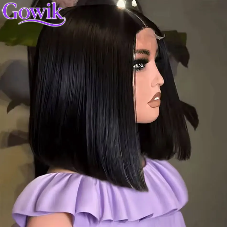 Perruque Bob en cheveux humains, frontale en dentelle HD 13x4, courte et droite, pour femmes noires, pré-épilée, sans colle, avec raie latérale 5x5, densité 250%, couleur noire, 14 pouces