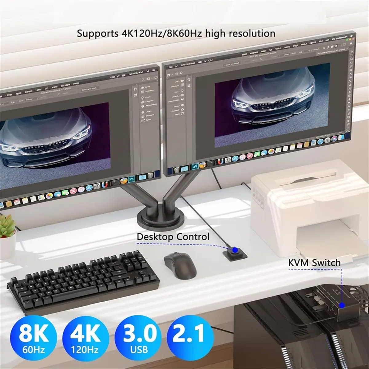 ABSF KVM Switch 2 Monitors 2 Computers, HDMI-Compatible KVM, USB 3.0 Switch for 2 PC Share 2 Screens, Support Extended Mode