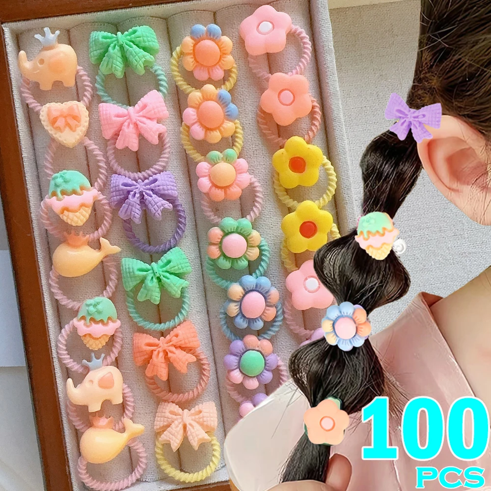 100pcs Candy-colored Kids Cartoon Flower Elastic Headband Girl Ponytail Tie Headband High Elastic Thumb Rope Hair Accessories