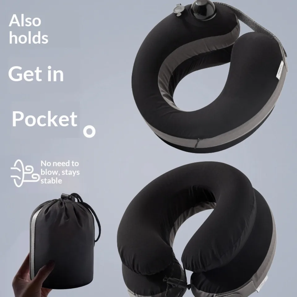 Pocket U-shaped Inflatable Travel Pillow Double Layer Neck Support Portable Foldable Airplane Pillow Solid Color Polyester