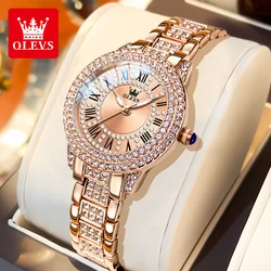 OLEVS 9943 Original Brand Women's Watch Full Diamond Roman Dial Luxurious Elegant Rose Stainless steel Ladies Hand Clock