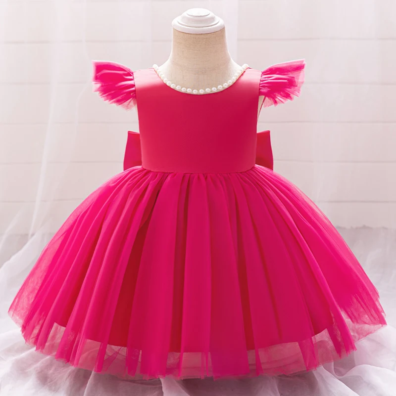 Baby Girls Bow Party Dress Girl Princess Dresses Flower Kids Wedding Bridesmaid Lace Gown Toddler Daily Holiday Beading Costumes