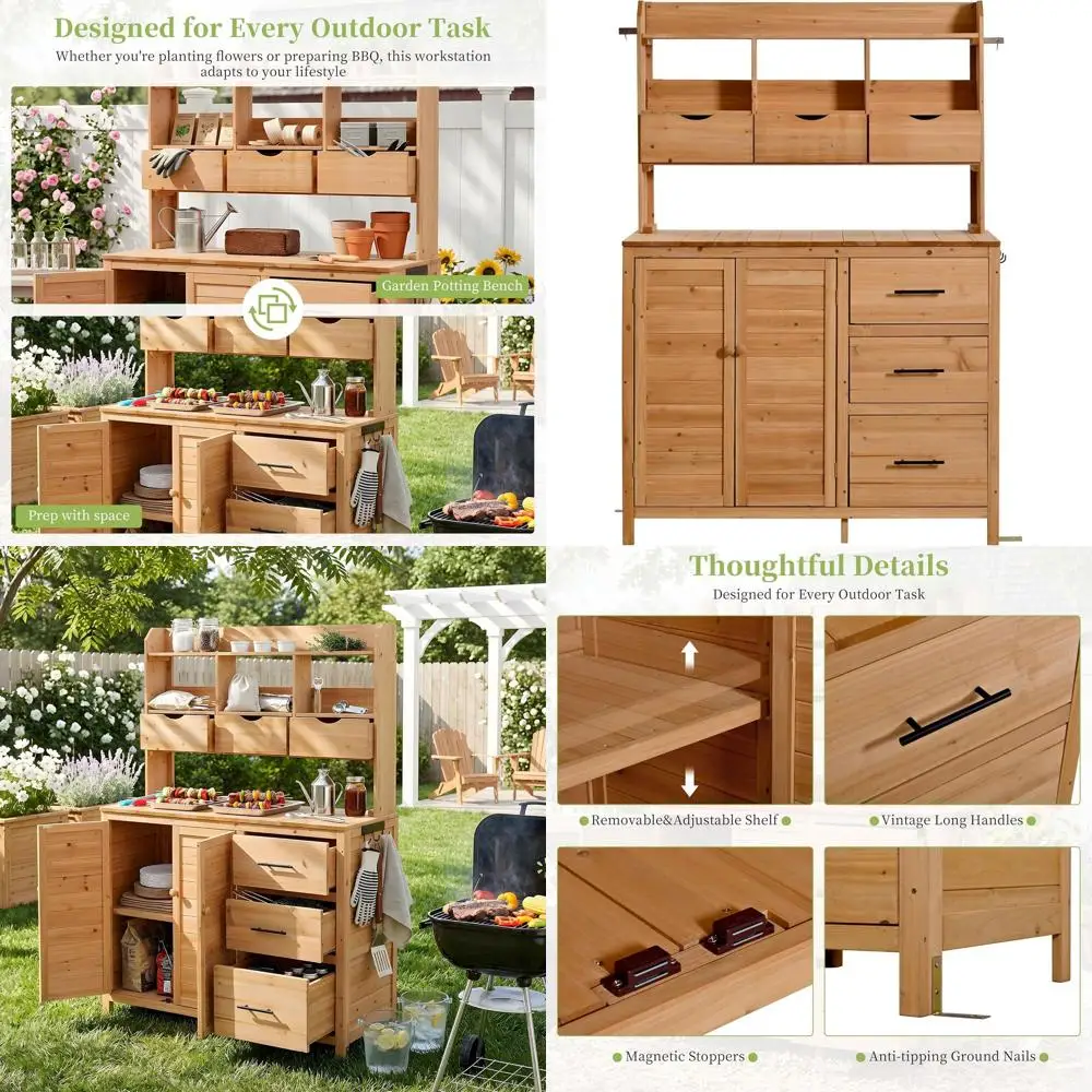 

44.6'' Potting Bench with 6 Ders & Cabinet, Solid ir Wood Outdoor Garden Workstation, armhouse Planting Prep Table with Side Hoo