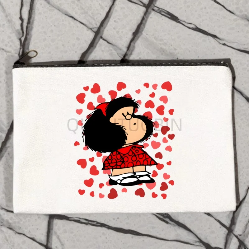 Mafalda Cute Cartoon Kawaii Canvas Cosmetic Bag Organizer Travel Sundries Storage Pouch Office Pencil Case Zipper Wallet Gift