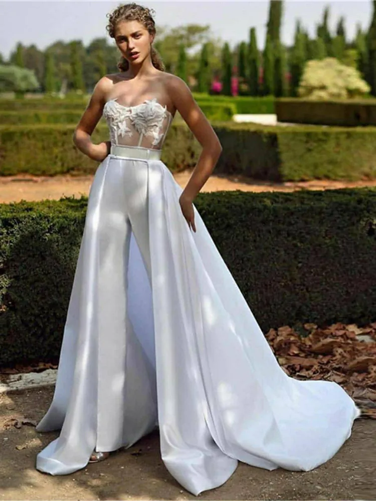 Satin Sexy Pantsuit Bridal Gowns With Detachable Train Suitable for Wedding Bridesmaid Vacation Gathering Cocktail Party