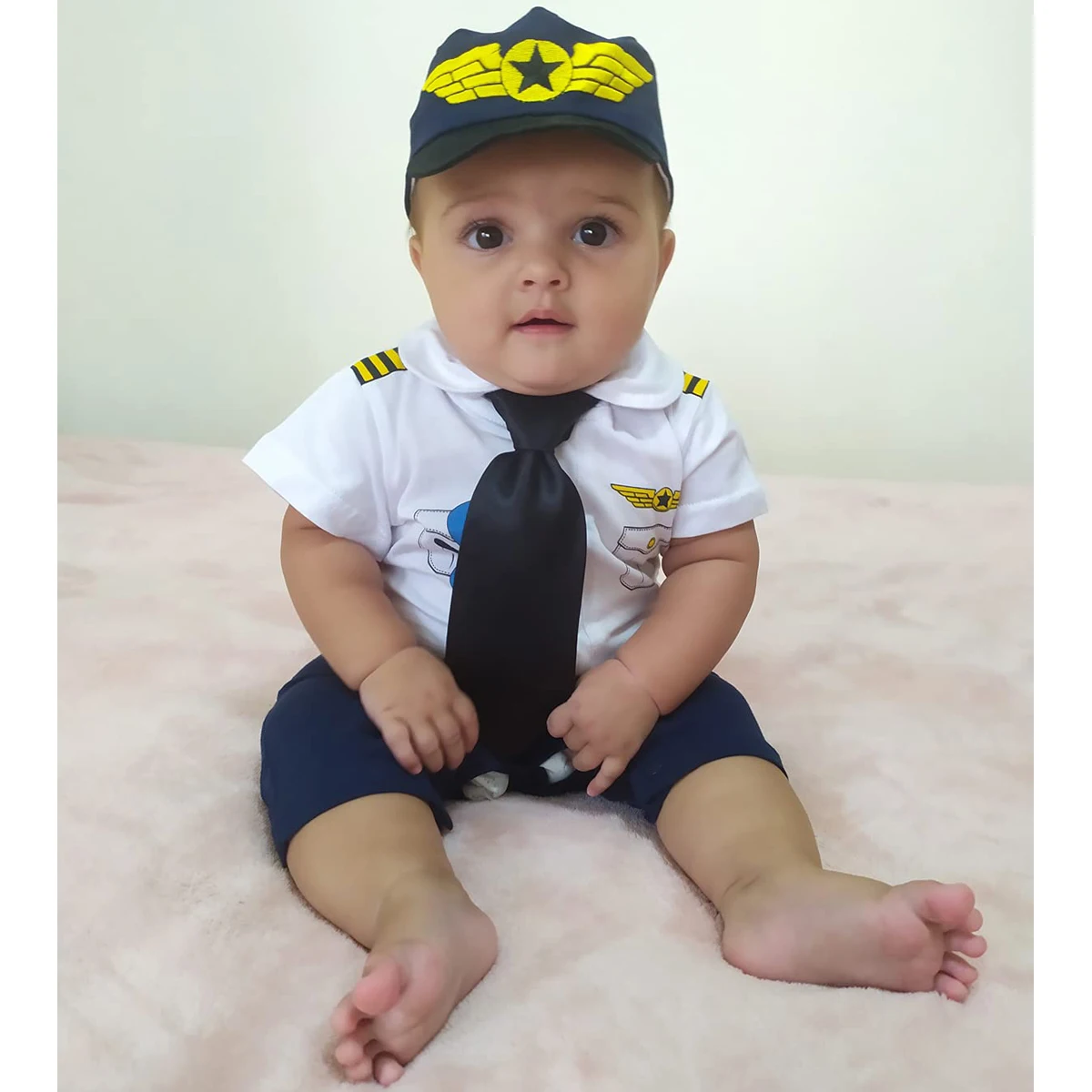 Baby Boy Pilot Costume Infant Carnival Outfit with Hat Tie Cosplay Romper Pilot Uniform Halloween Clothes Sets