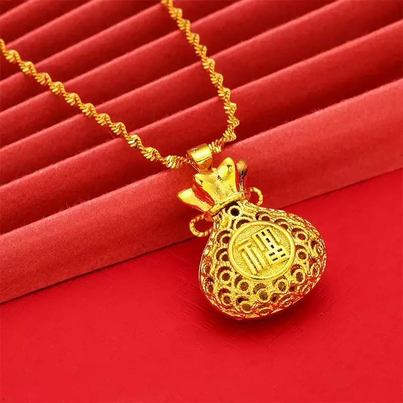 AU999 Echtgold Glückstüte Anhänger Halskette für Frauen 24K Gold Retro Hohl Geldbeutel Anhänger Schlüsselbein Kette