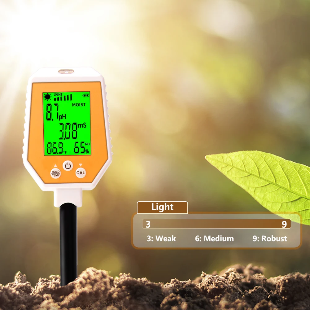 6-in-1 Soil Meter Digital Hygrometer High Accuracy Conductivity PH/Moisture/Air/Humidity/EC/Sunlight/Temp Tester for Gardening