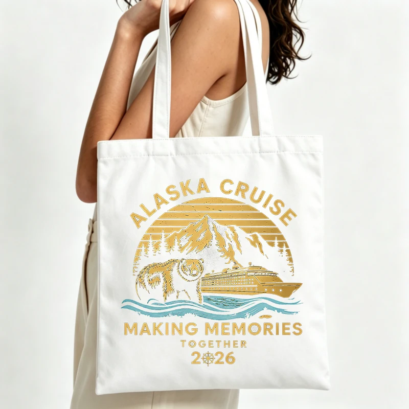 Women's nature graphic canvas tote bag with vintage Alaska cruise design, ideal for summer travel and casual outings