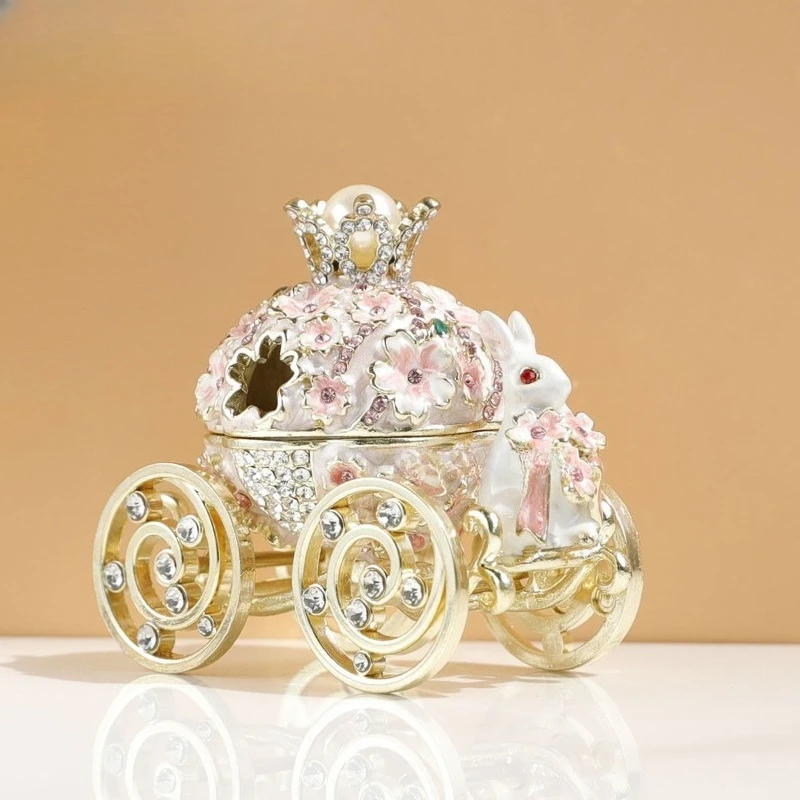 

Pink Cherry Blossom Rabbit Carriage Jewelry Box Enamel Color Jewelry Box Gift Ornament