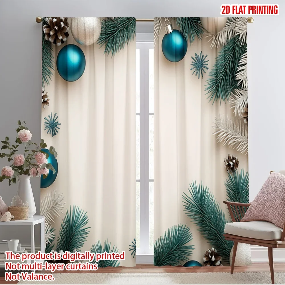 2pcs,2D plane printing Window Curtain Blue White Pine Christmas Versatile Polyester (without rod) Room Decor for Bedroom Living