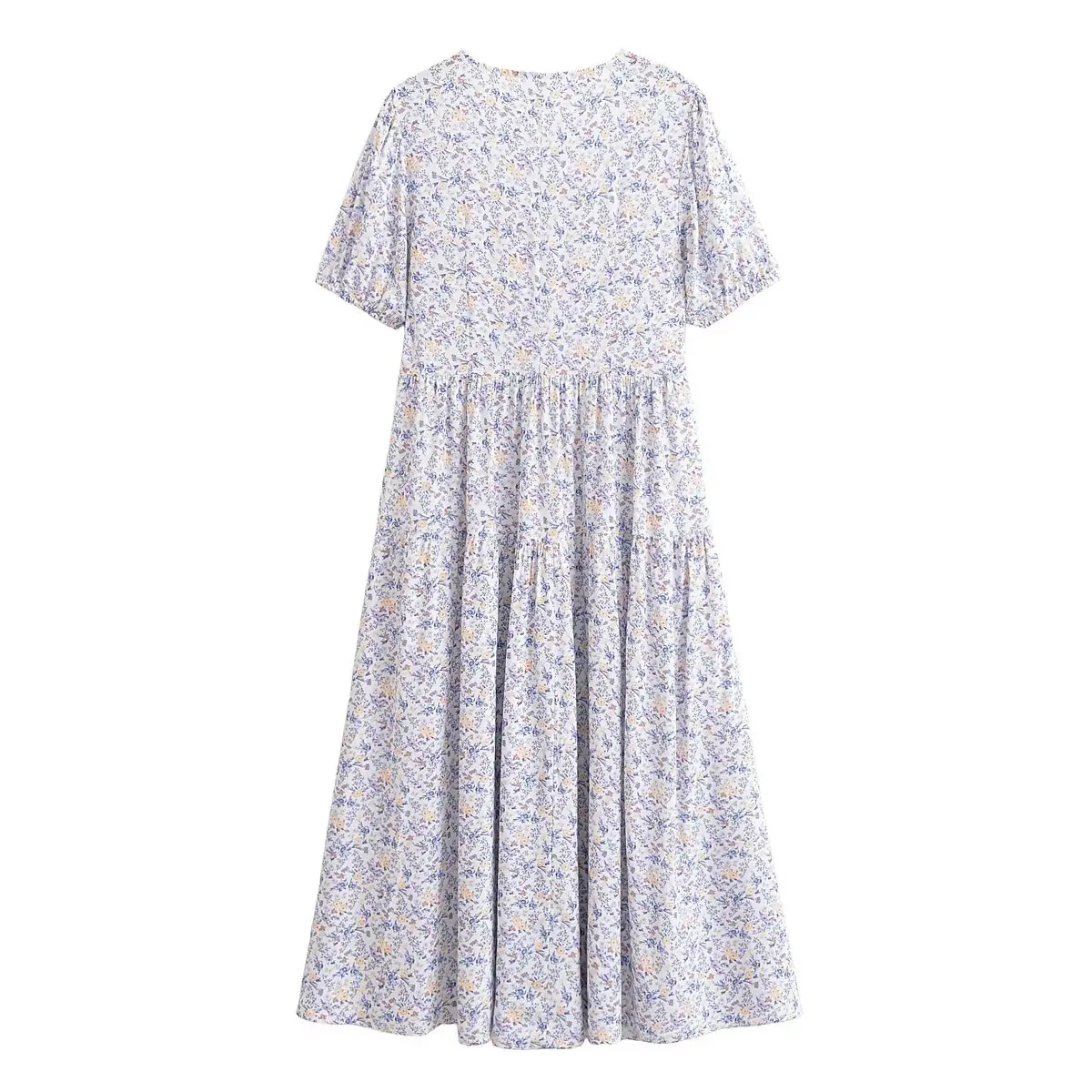 2025 BOHO V neck Floral Print Puff Sleeve Dress Woman High Waist Spliced Ruched Pleated Swing Hem Midi Long Dresses Robe Holiday
