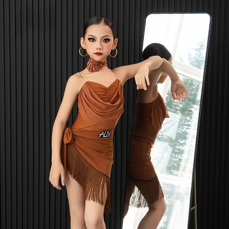 Abbigliamento da danza del ventre per ragazze per bambini Gonna da tango per bambini Abbigliamento da carnevale Abbigliamento da ballo Salsa latina Abiti da ballo con nappe di alta qualità