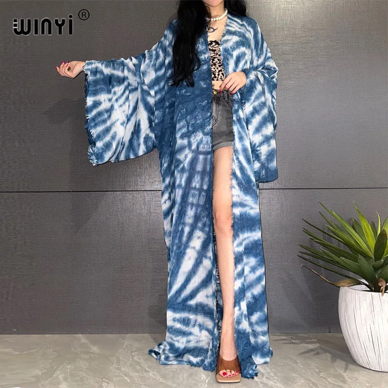 WINYI Mulheres Boêmio Tie-dye impressão Elegante vestido Casual Africano Cardigans Outerwear Para As Mulheres Verão Sexy sentimento de algodão