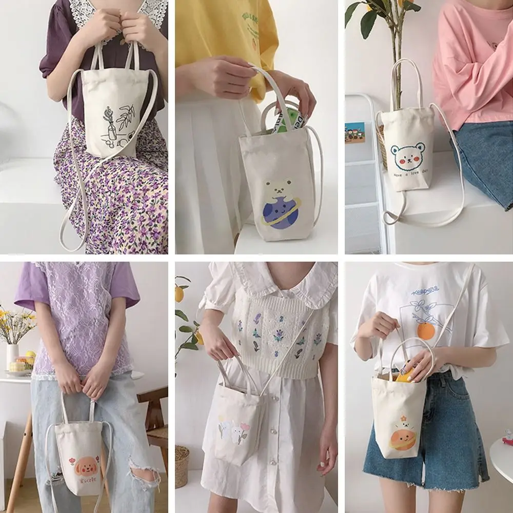 Portable Water Bottle Holder Carry Bag Coffee Cup Storage Sleeve Cover Canvas Printing Milk Tea Set Cute Cartoon Bottle Cover