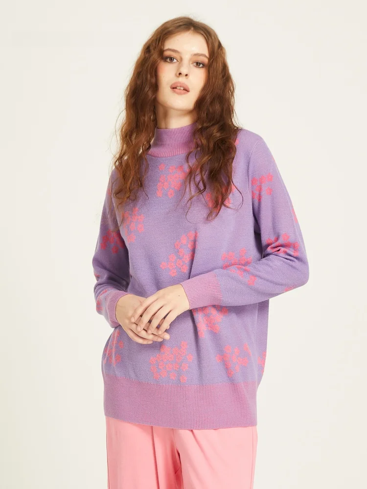 

und ow Purple Floral Knitted Long Sve round Ne Pullover Wool Blend Women's Sweater Autumn Winter Commute Sle