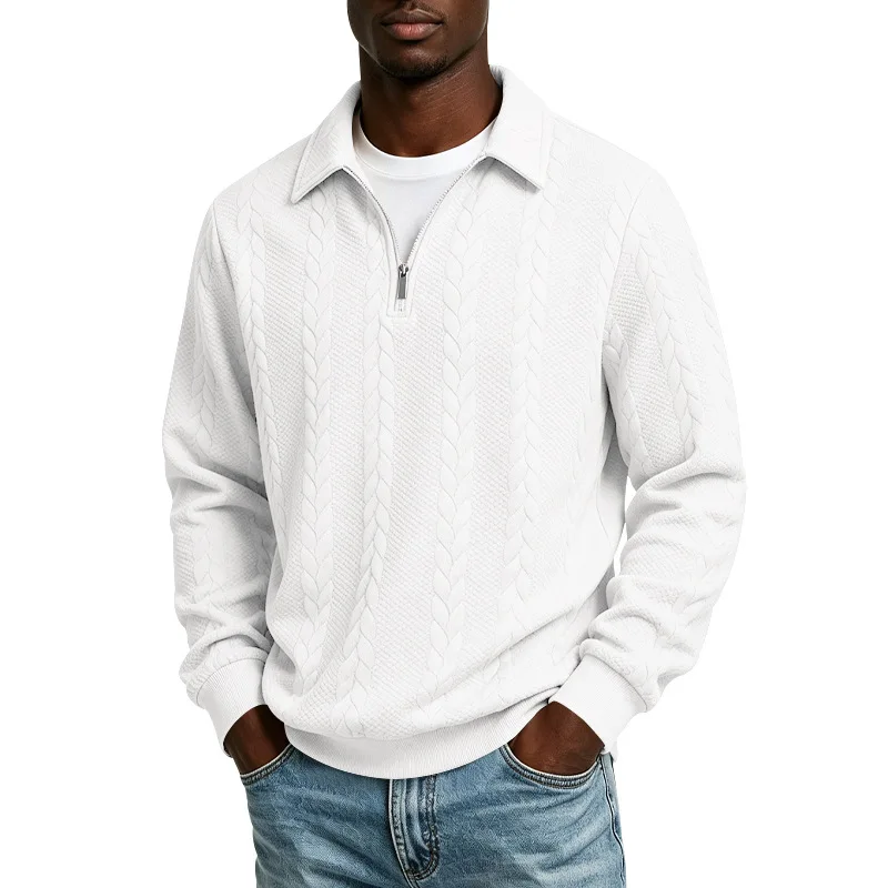 Men Lapel Half Zip Cable Embossed Knit Sweatshirt, Textured Long Sleeve Pullover, Multi Color Business Casual Autumn Winter Top