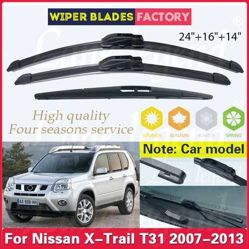 Limpiaparabrisas de coche para Nissan x-trail T31 2007-2013, limpiaparabrisas delantero y trasero, parabrisas de goma suave, ventana, cepillo para lluvia, 24 ""16"" 14""