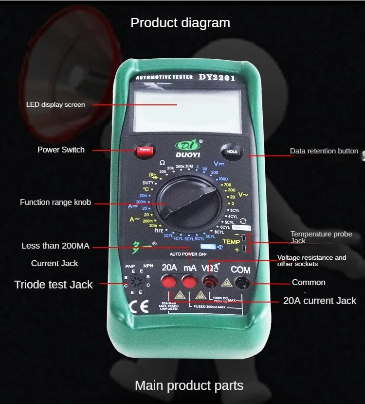 DUOYI DY2201 DY2201B Digital Automotive Tester Multimeter 500-10000 RPM  Angle Temperature Meter Multimeter Overload Protection