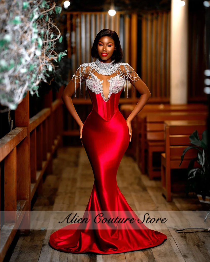 Sprankelende rode zeemeermin avondjurken 2024 glitter kraal diamanten kristal rode loper jurk bruiloft feestjurk aangepast