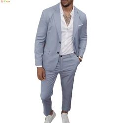 Light Gray Men's Suit Two Piece, Double Button V-Neck Jacket and Trousers, Fashionable Men's Sets, S, M, L, XL, XXL