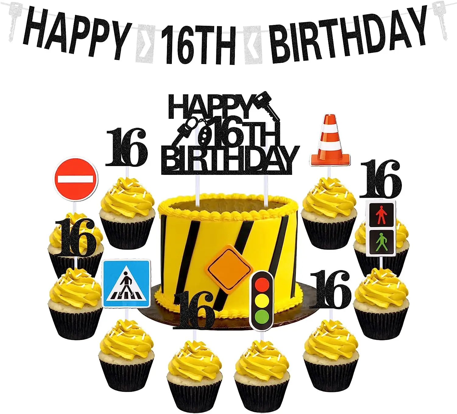 

JOYMEMO Driver License Theme 16th Birthday Party Decorations for Boys Happy 16th Birthday Banner Traffic Light Cake Toppers Set