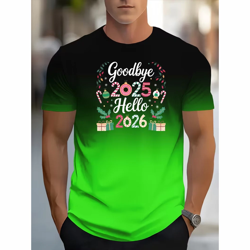 Goodbye 2025 Hello 2026 Gradient T-shirt Men's Clothes Streetwear Christmas Style Short Sleeve T Shirt Print Design Leisure Tee