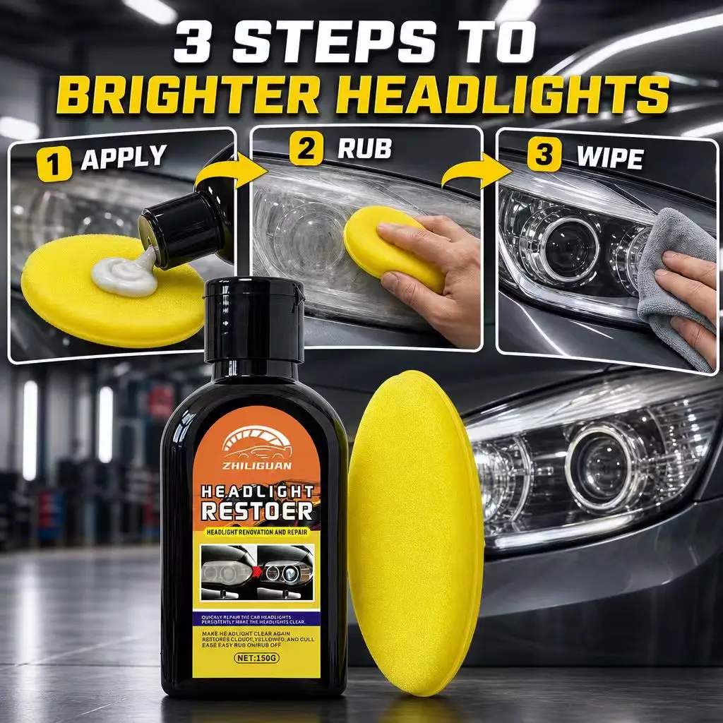 150g Car Headlight Polish Kit, Quickly Remove Yellowing and Fog, Restore Clear Vision, Easy Rub On Wipe Off, No Machine Needed.