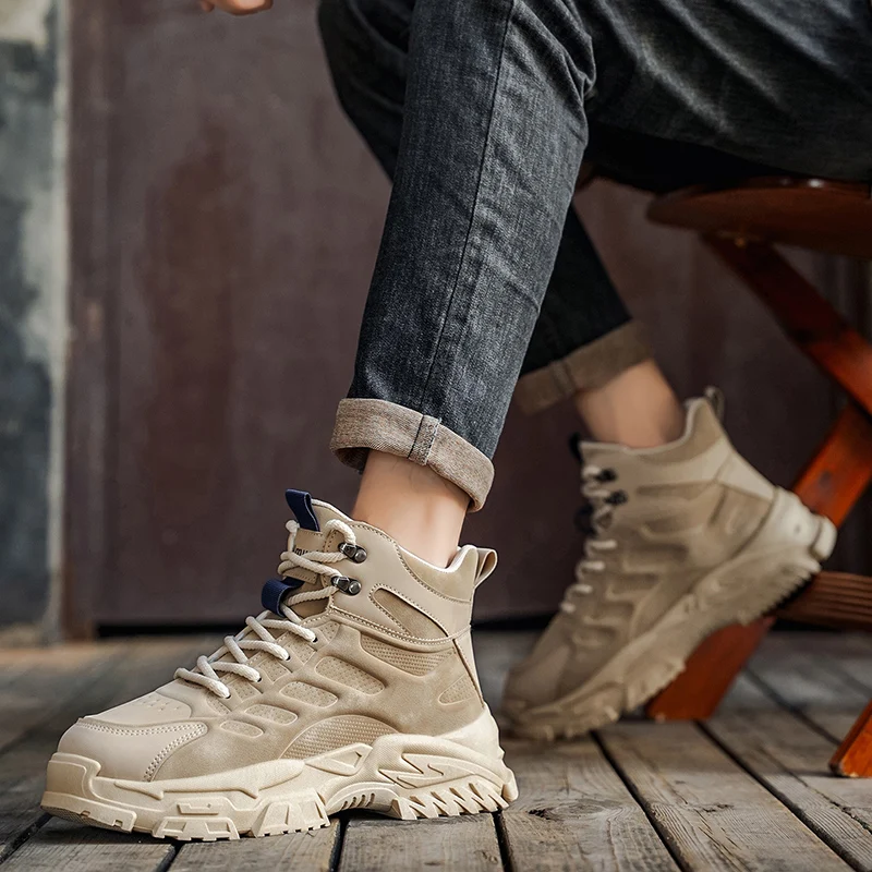 

Мужские высокие ботинки, черные и коричневые однотонные высококачественные брендовые оригинальные ботинки на плоской подошве с ремешком, новые прочные уличные ботинки