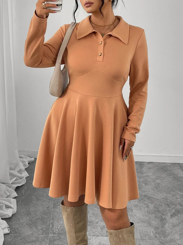 GIBSIE grande taille bouton revers col a-ligne robe femmes 2025 automne et hiver taille haute à manches longues décontracté grandes robes trapèze