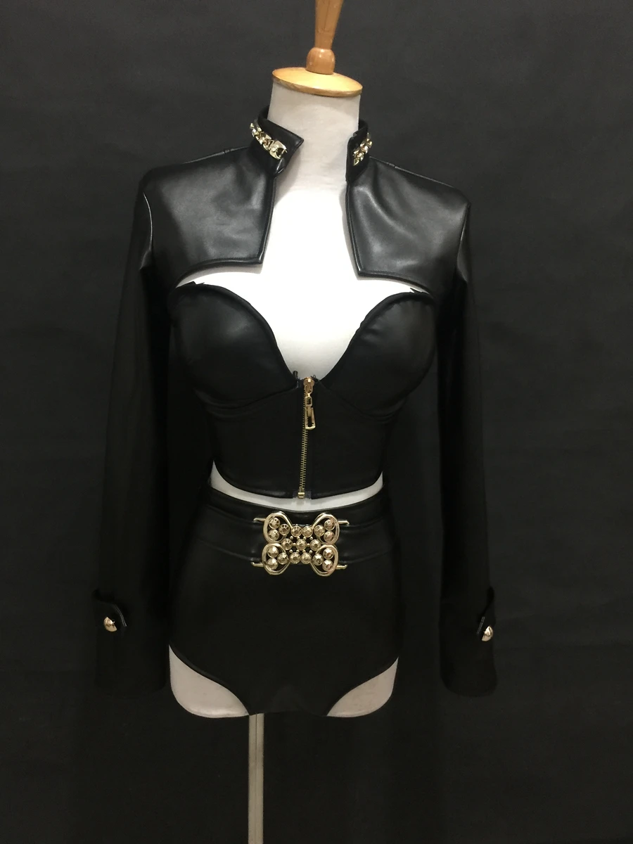 Sexy feminino couro do plutônio preto biquíni colete desempenho roupas jazz hiphop trajes de dança boate festa cantor equipes outfit