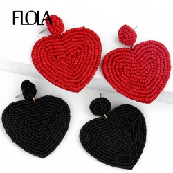 FLOLA Handmade Red Heart Drop Earrings For Women Big Bohemian Beaded Earrings Boho Beads Trendy Jewelry Gifts oorbellen ersr32