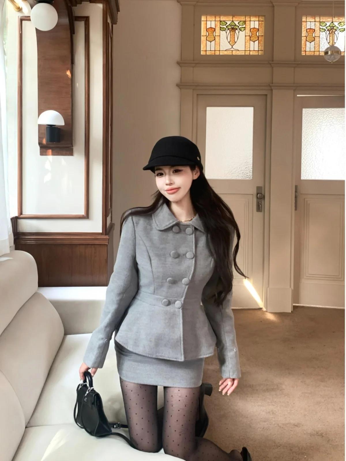 Qianjin Socialite Temperament Set Women Autumn 2024 New Fur Collar Waist Hugging Woolen Jacket Half Body Two piece skirt