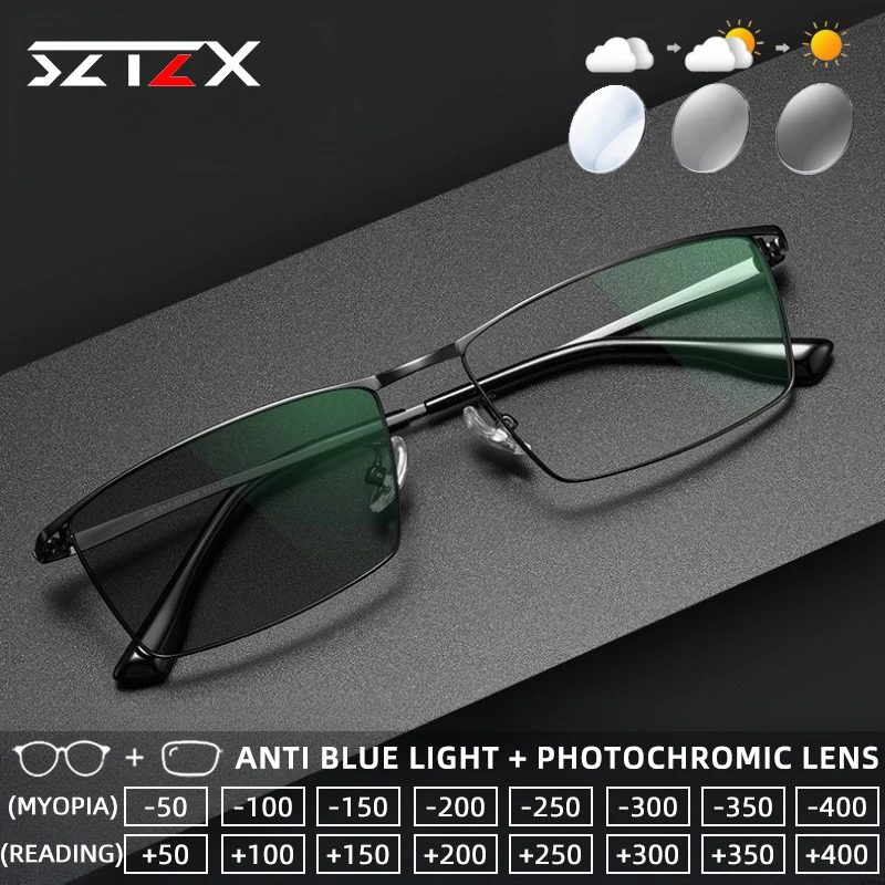 

SZTZX Lightweight Pure Titanium Photochromic Reading Eyewear Blue Light Blocking Myopia Glasses Progressive Prescription Glasses