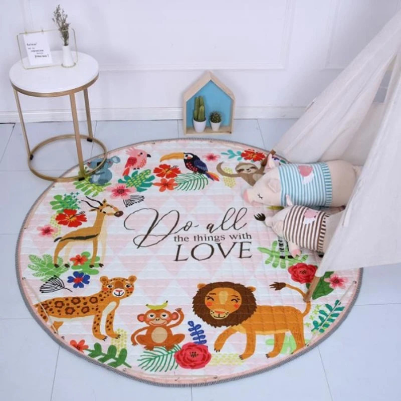 Nordic Kid Room Carpet Round 150*150cm Fox Rabbit Bear Play Mat Crawling Pad Picnic Anitslip Tapetes Gift Cute Outdoor Tapis Boy