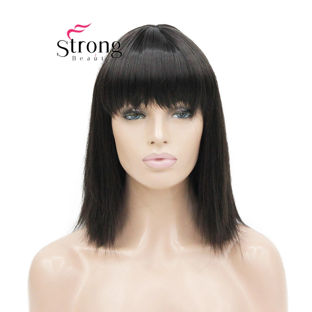 Women Dark Brown Full Bangs Synthetic None Lace Wigs Medium Length Bob Straight Natural Hair