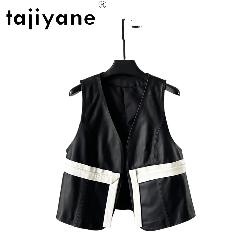 TAJIYANE Genuine Sheepskin Vest Fashion V-Neck Short Coat Color-Block Sleeveless Real Leather Jacket Autumn Woman Clothing 2026