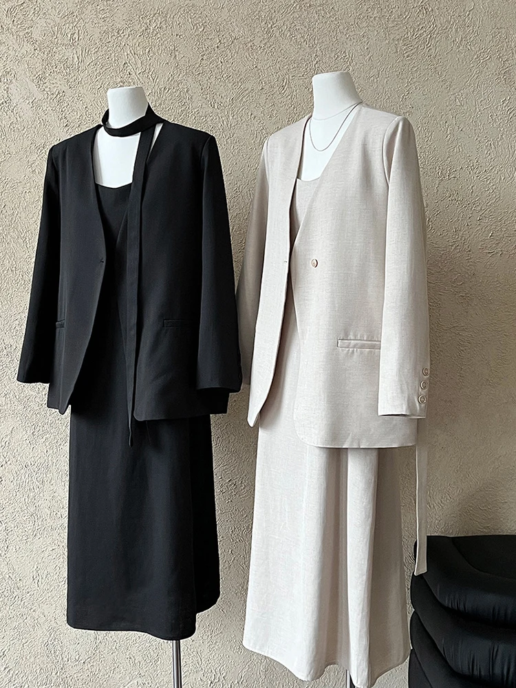 YERMORA Women Apricot Belt Brief Blazer V-neck Two Pieces Set Casual New Dress Loose Fashion Tide Spring Autumn 2025 New A981