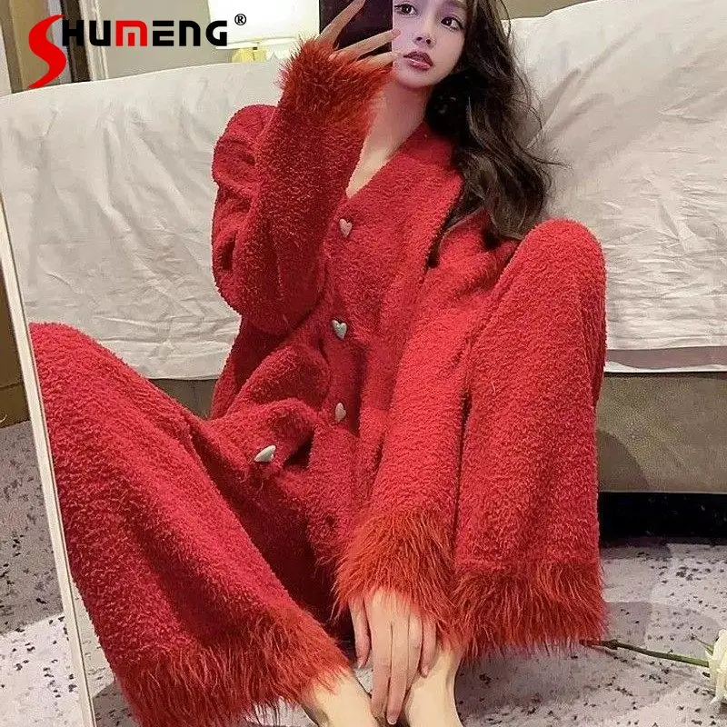 

New Year Red Soft Fluffy Pajamas for Women Autumn Winter Fleece Lined Sleep Set Female Half Fleece Wedding Homewear Suit