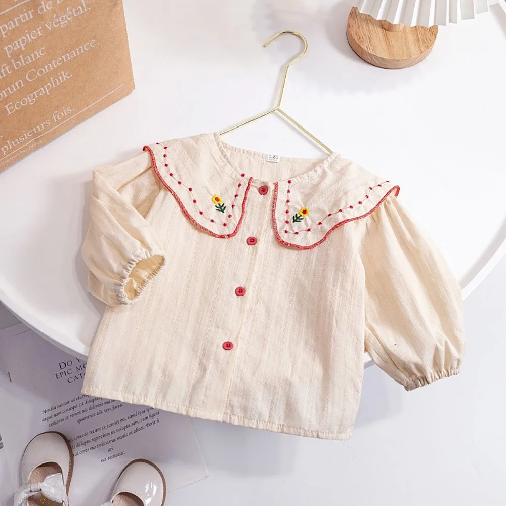 Floral Embroidery Baby Girls Shirts Spring Autumn Sweet Ruffles Peter Pan Collar Long Sleeve Shirts Kids Tops Children Clothes