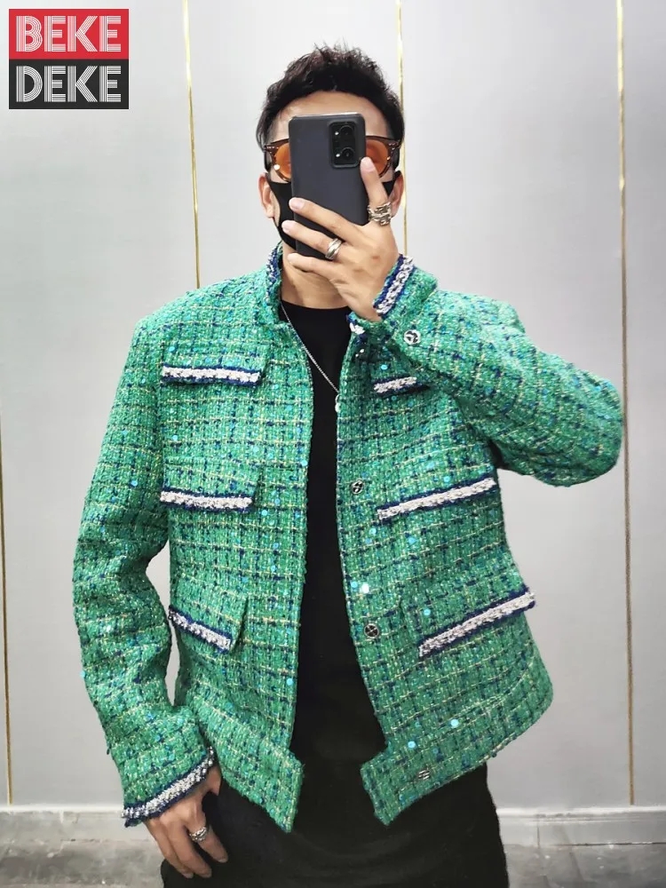 New Stand Collar Luxury Sequined Mens Tweed Jacket Designer Spring Autumn Long Sleeve Outerwear Single Breasted Mens Short Coat