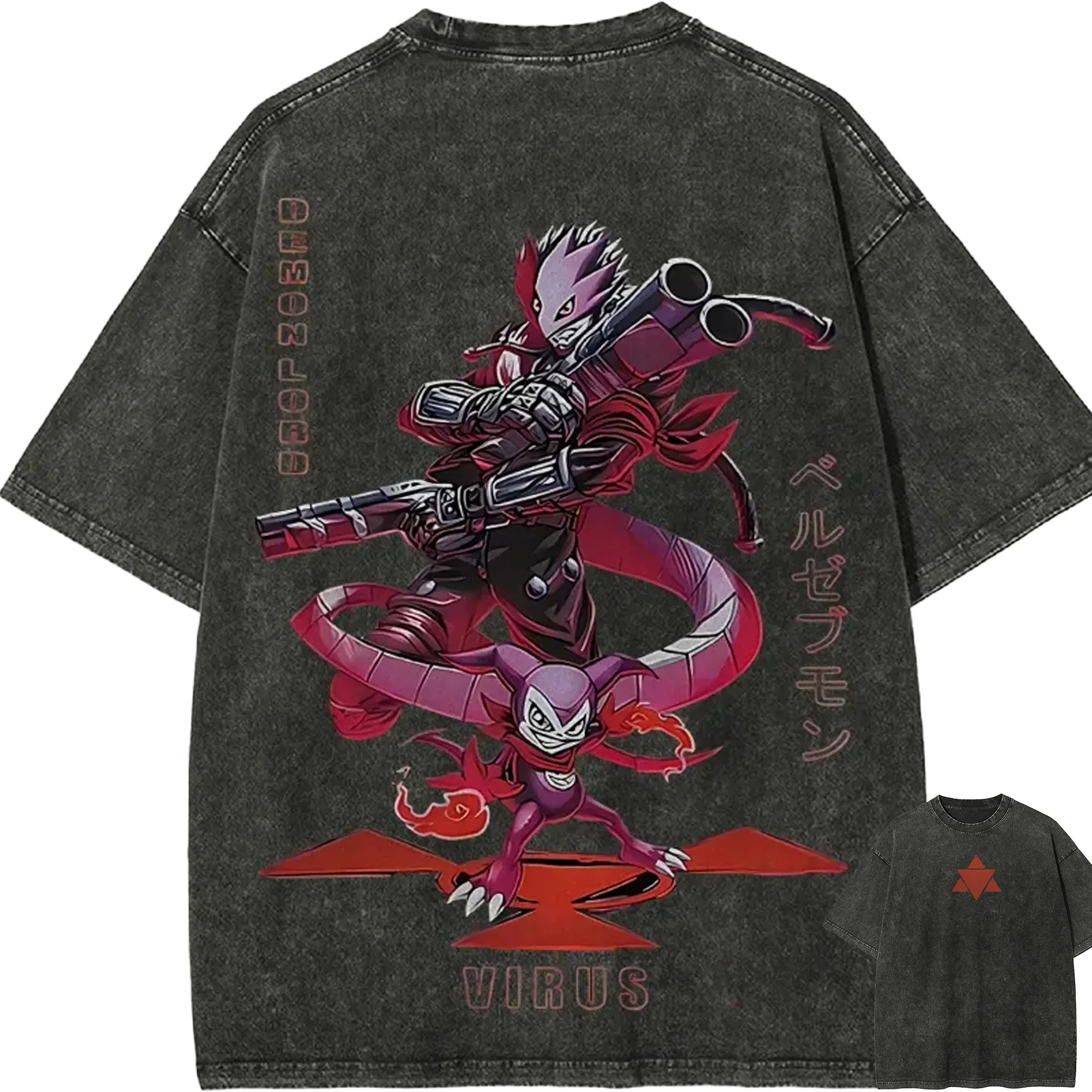 

Beelzemon T Shirt Men Digimon Impmon Virus Demon Lord Vintage Acid Wash Streetwear Oversized Retro Japanese Anime Cotton Tees