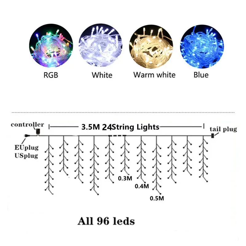 5m-40m LED glaçon rideau chaîne lumières guirlande de noël tombant 0.3m-0.5m extérieur jardin rue cour mariage éclairage décoratif