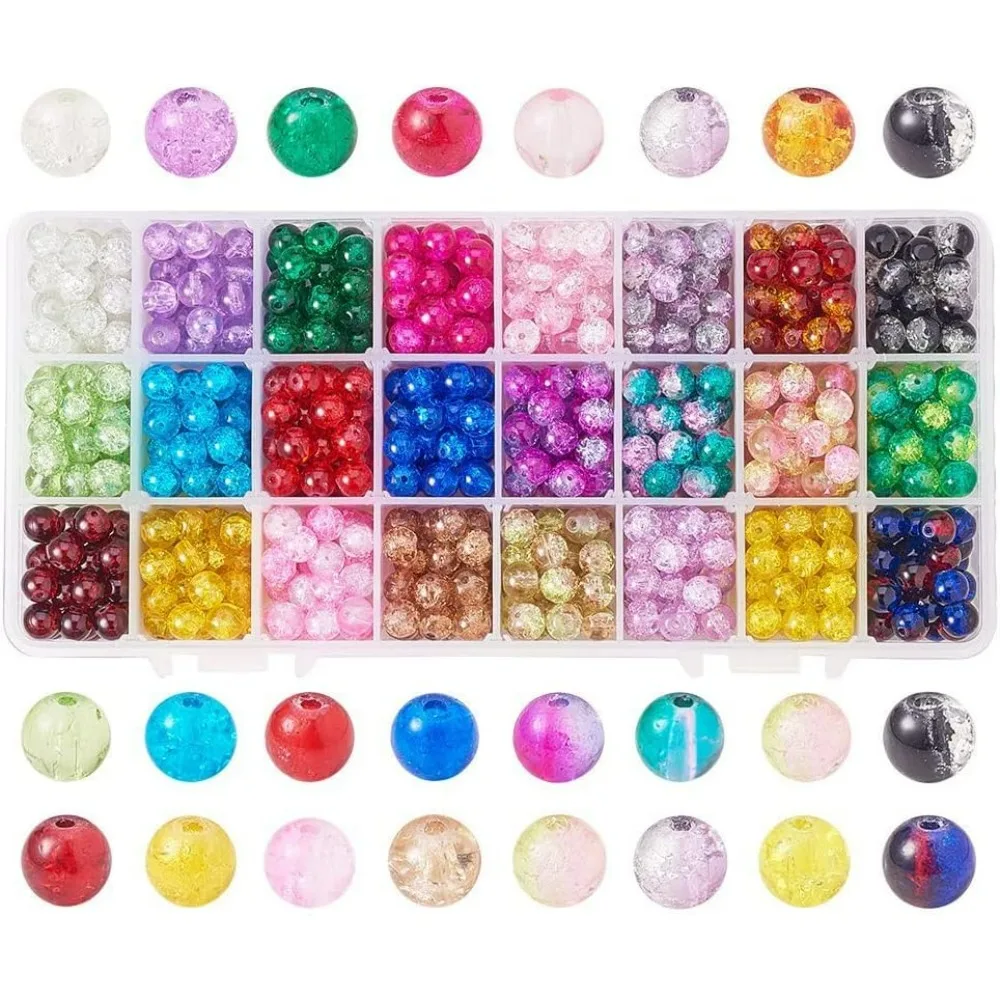 600pcs 8mm Crackle Glass Beads 24 Color Crystal Glass Beads Round Loose Beads for Christmas Ornament Bracelet Summer Beading