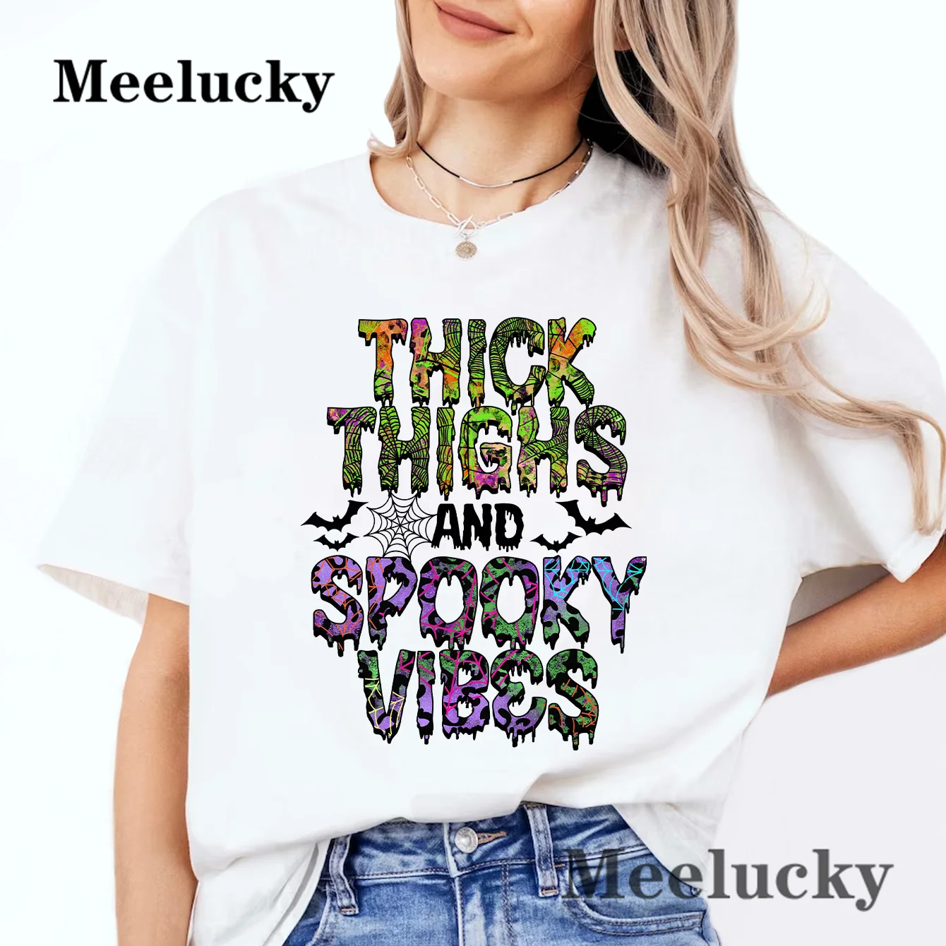 Women Fashion T-shirts Funny Thick Thighs AND Spooky Vibes Summer  Cotton short sleeve Print Graphic T-Shirt Vintage Ladies Tee