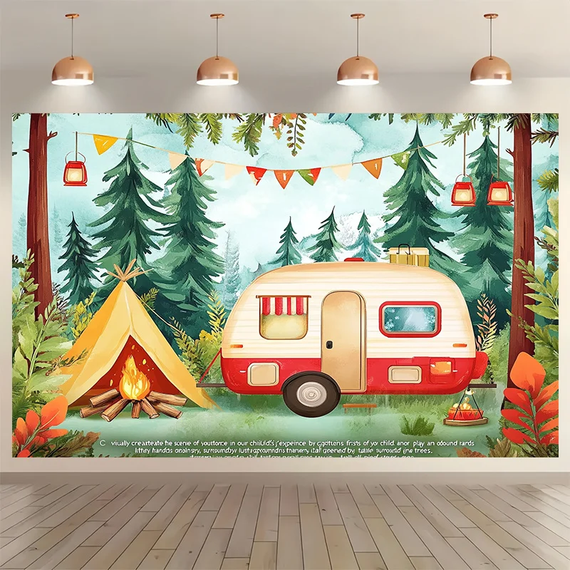 Boho Camping Wall Tapestry Woodland Forest Scene Retro Camper Van Outdoor Travel Decor Hanging for Nursery Bedroom Living Home