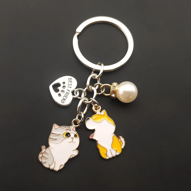 Cute Cat and Dog Keychain Cartoon Cat and Dog Fighting Couple Keychain Pet Keychain Enamel Jewelry Ring Bag Jewelry Accessories