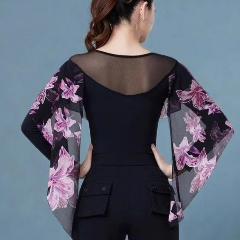 Roupas de dança latina finas e modernas, roupas de prática para mulheres, novo padrão nacional, roupas de dança de salão, mangas compridas