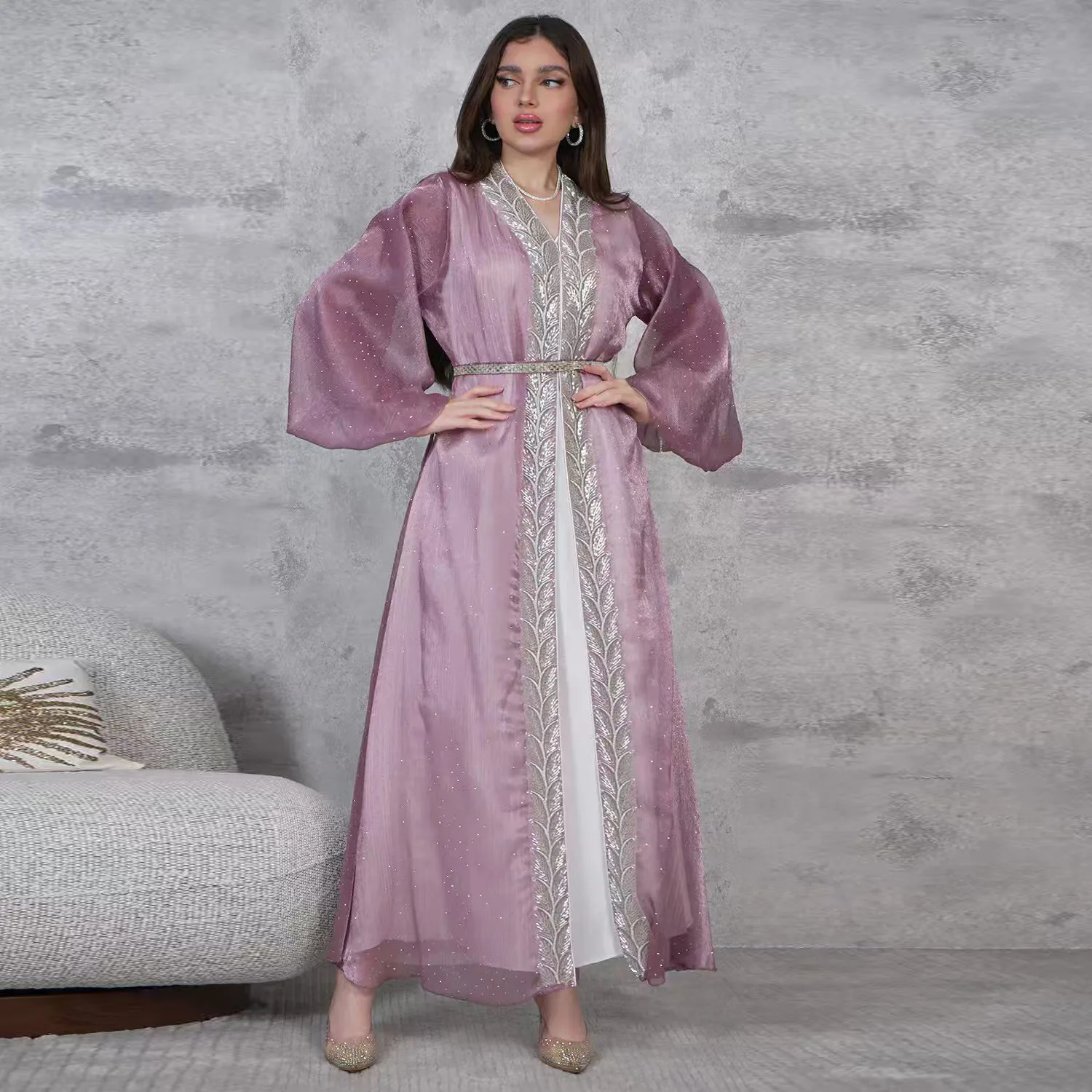 

Ramadan Muslim Women Maxi Dress Kimono Jalabiya 2 Piece Set Dubai Abaya Kaftan Turkey Satin Diamonds Evening Gown Kebaya Abayas