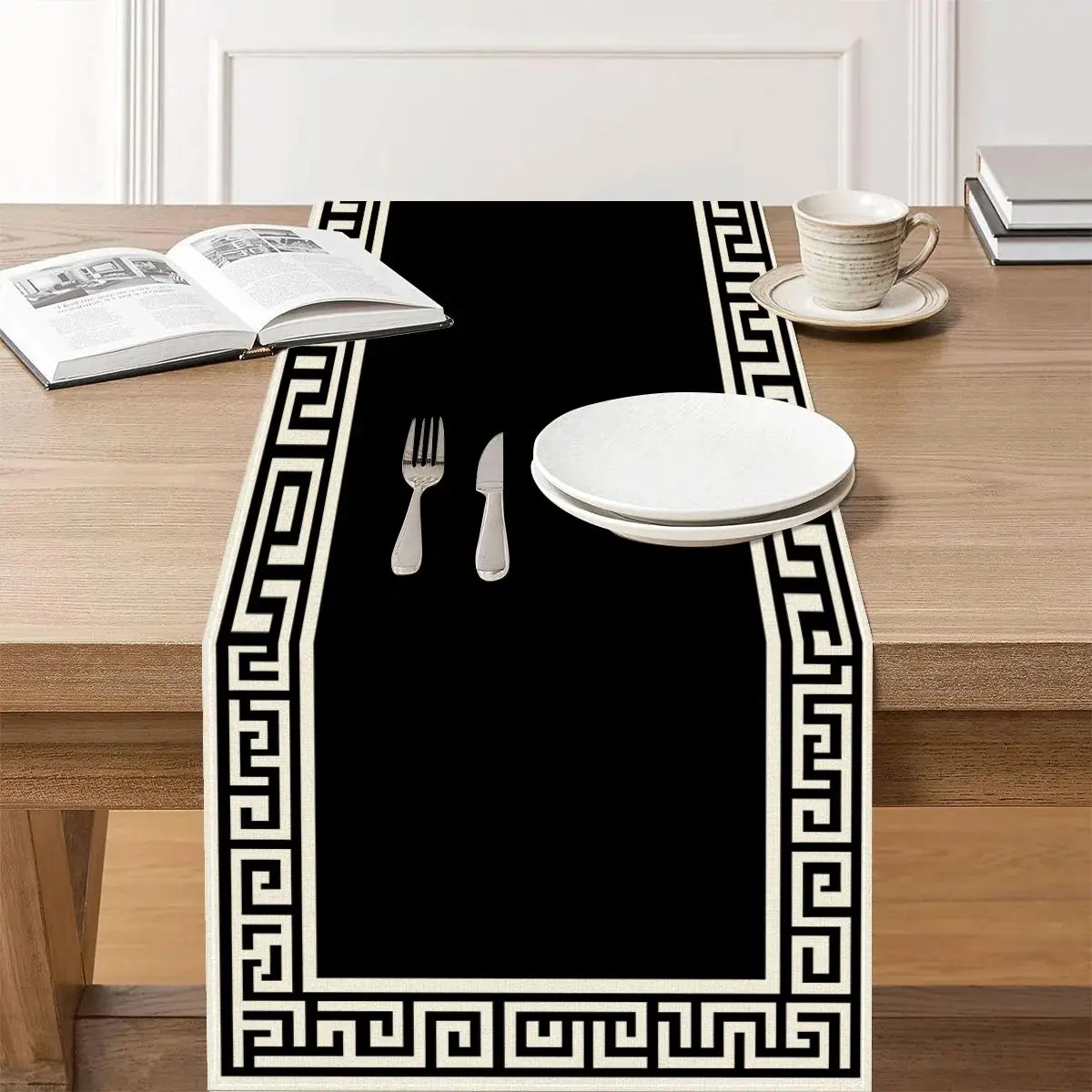 VIKAMA Black Table Runner White Greek Key Pattern for Holiday Dining Party Home Decor